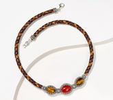 American West Tonal Braided Leather 3-Stone Brown Gemstone & SS Necklace, 17"